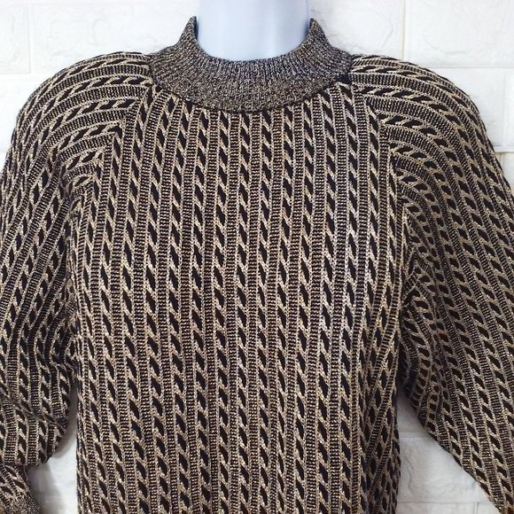 Vintage 80s Jeanne Pierre Metallic Cable Knit Sweater -M Wool/Angora Gold Black - Picture 2 of 10